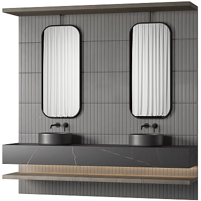 Modern Bathroom Vanity with Two Oval Mirrors Gray Vertical Striped Tile Wall and Black Countertop 3d model