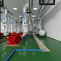 Industrial Facility Interior With Red Pumps Pipes Green Floor And White Walls