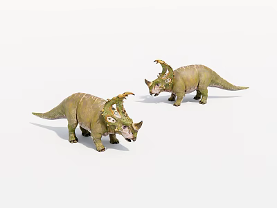 Two Green Triceratops Dinosaur Models Standing With Horns And Detailed Texture 3d model