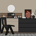 Modern Dressing Table Interior With Round Mirror Black Drawers Chair And Decorative Items