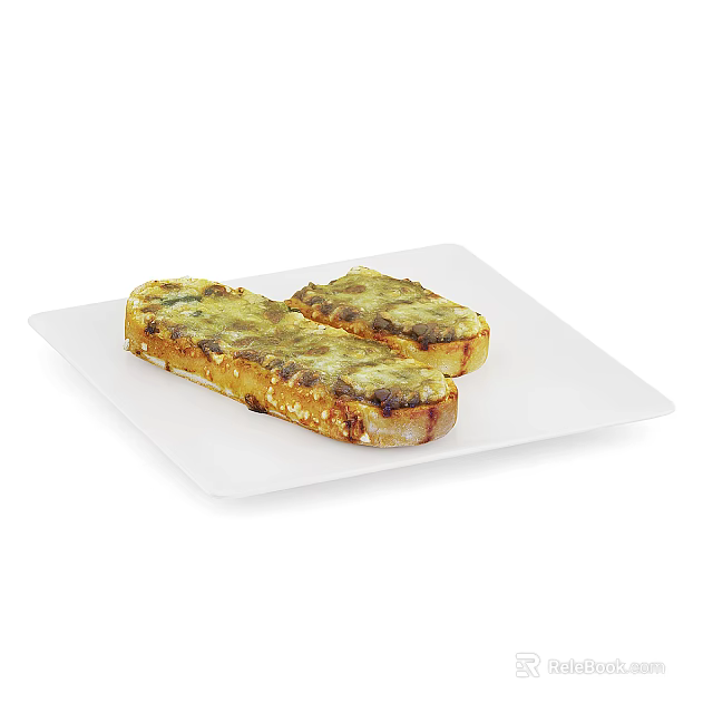 Golden Toasted Bread Slices Topped With Fresh Green Herbs On White Plate 3d model 