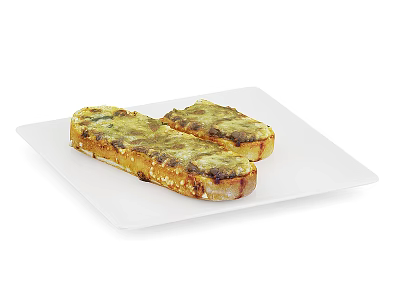 Golden Toasted Bread Slices Topped With Fresh Green Herbs On White Plate 3d model