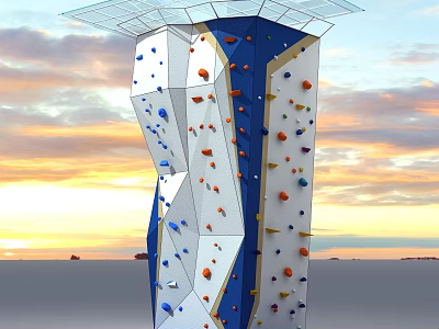 Outdoor Tall Climbing Wall With Colorful Holds And Metal Frame Structure 3d model