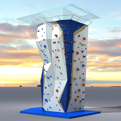 Outdoor Tall Climbing Wall With Colorful Holds And Metal Frame Structure 3d model