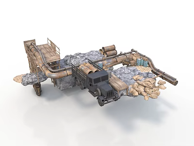Modern Industrial Machinery Setup With Metal Pipes Control Cabin And Stone Base 3d model