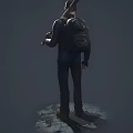 Man in Blue Jacket and Black Vest with Backpack Holding Bat Standing on Cracked Ground