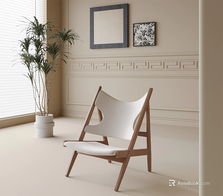 Modern Leisure Chair with Wooden Frame White Cushion Light Wall Decorative Paintings and Green Plant 3d model 