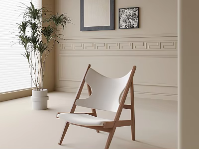 Modern Leisure Chair with Wooden Frame White Cushion Light Wall Decorative Paintings and Green Plant 3d model