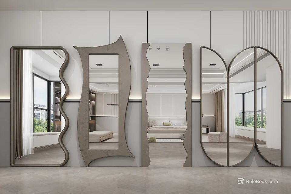 Modern Bedroom With Various Shaped Mirrors Gray Frames White Wall And Floor To Ceiling Windows 3d model 