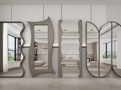 Modern Bedroom With Various Shaped Mirrors Gray Frames White Wall And Floor To Ceiling Windows 3d model