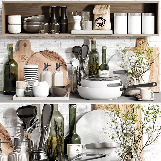 Modern Kitchen Cookware Display With Pans Knives Wooden Cutting Boards And Ceramic Dishes 3d model 