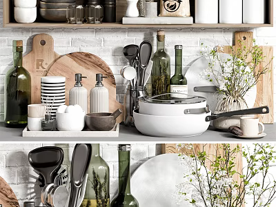 Modern Kitchen Cookware Display With Pans Knives Wooden Cutting Boards And Ceramic Dishes 3d model