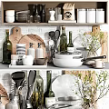 Modern Kitchen Cookware Display With Pans Knives Wooden Cutting Boards And Ceramic Dishes