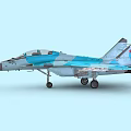 Blue And White Camouflage Fighter Jet With Cockpit Red Star Markings And Landing Gear