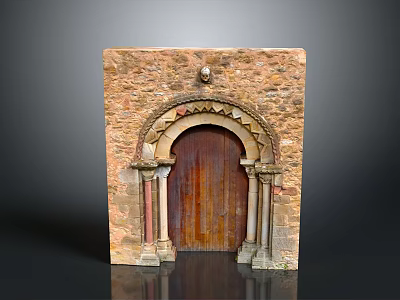 Ancient Stone Arched Doorway Structure With Wooden Door And Decorative Columns 3d model