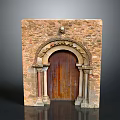 Ancient Stone Arched Doorway Structure With Wooden Door And Decorative Columns