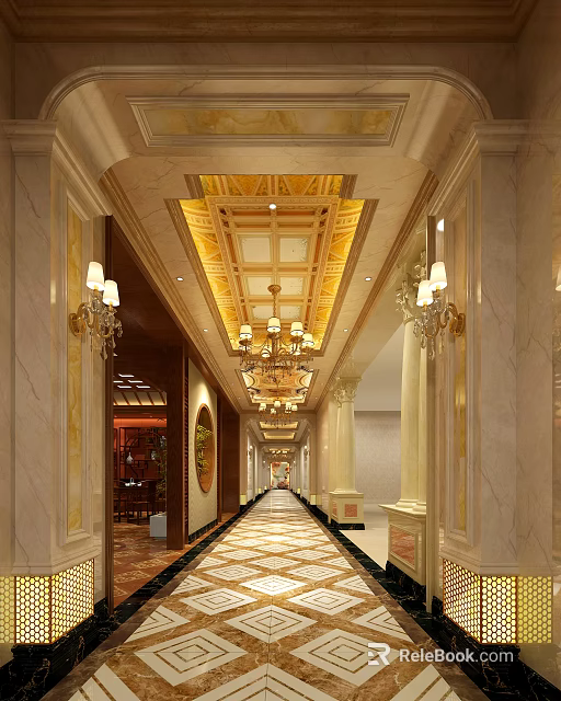 Luxurious Elevator Hallway With Marble Walls Gold Ceiling Chandeliers And Patterned Floor 3d model