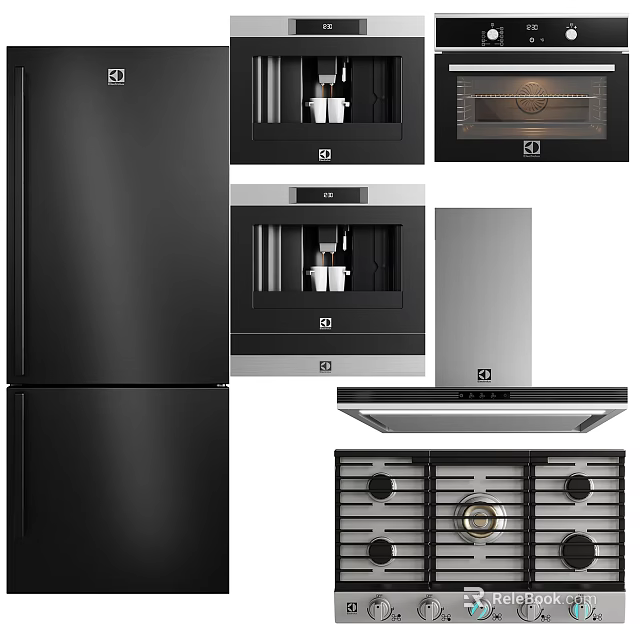 Modern Black Kitchen Appliances Including Refrigerator Oven Microwave Range Hood And Gas Stove 3d model 