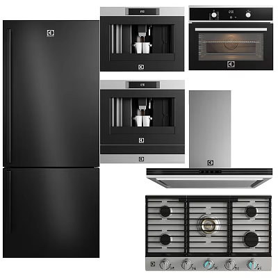 Modern Black Kitchen Appliances Including Refrigerator Oven Microwave Range Hood And Gas Stove 3d model