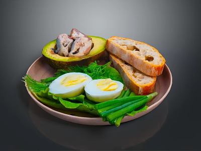 Healthy Avocado Dish With Fish Boiled Eggs Bread And Fresh Greens 3d model