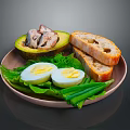 Healthy Avocado Dish With Fish Boiled Eggs Bread And Fresh Greens