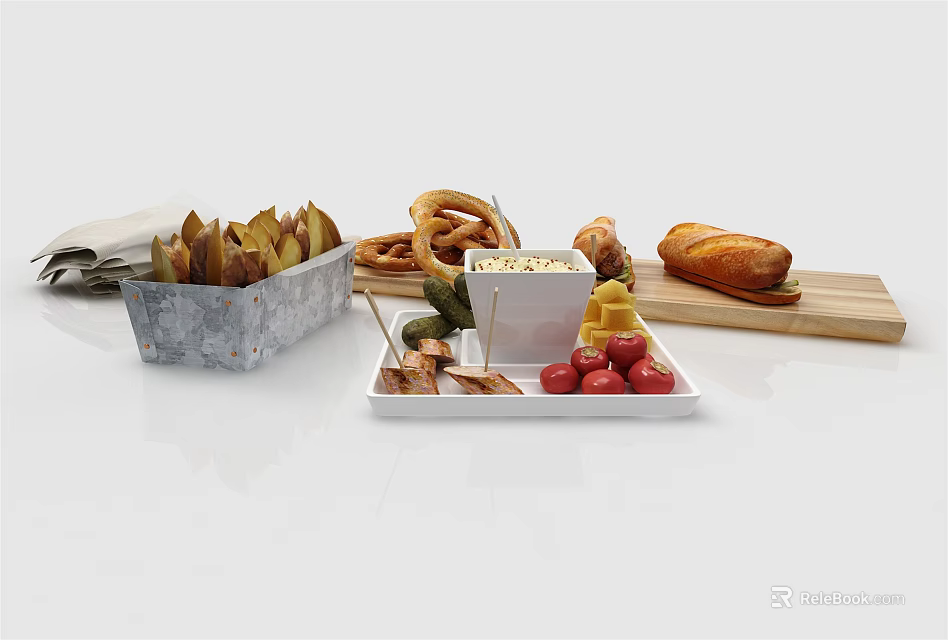 Crispy Fried Potatoes Soft Pretzels Cheese Dip Bread Loaf And Fresh Strawberries On Wooden Board 3d model 