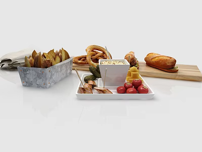 Crispy Fried Potatoes Soft Pretzels Cheese Dip Bread Loaf And Fresh Strawberries On Wooden Board 3d model