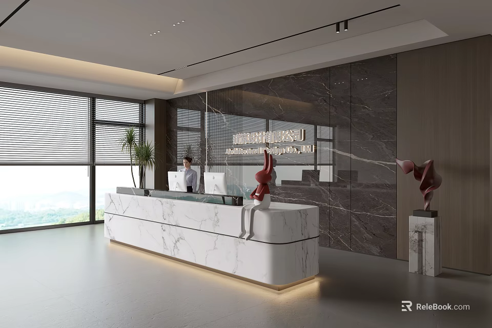 Modern Reception Desk With Marble Countertop And Elegant Background Wall For Receptionist 3d model 