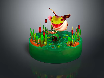 Winged Green Frog Game Character on Circular Base with Lily Pad Patterns and Red Reeds 3d model