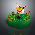 Winged Green Frog Game Character on Circular Base with Lily Pad Patterns and Red Reeds