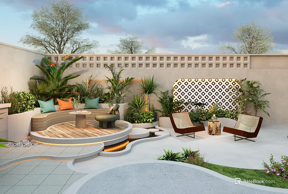 Courtyard Garden Design Featuring Curved Sofa Seating Green Plants Latticed Wall And Wooden Platform 3d model 