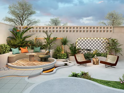 Courtyard Garden Design Featuring Curved Sofa Seating Green Plants Latticed Wall And Wooden Platform 3d model