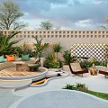 Courtyard Garden Design Featuring Curved Sofa Seating Green Plants Latticed Wall And Wooden Platform