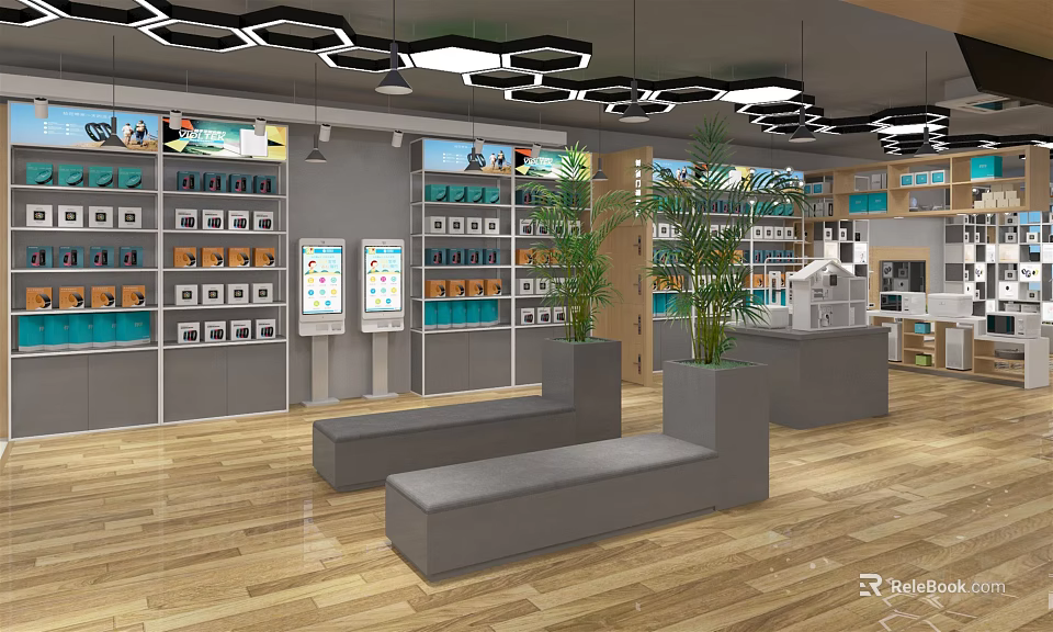 Modern Digital Store Interior With Electronics Display Shelves Green Plants Benches And Wooden Flooring 3d model 