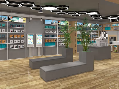 Modern Digital Store Interior With Electronics Display Shelves Green Plants Benches And Wooden Flooring 3d model