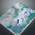 Satellite View Of Volcanic Mountain Terrain With Snow Capped Peaks And Green Vegetation
