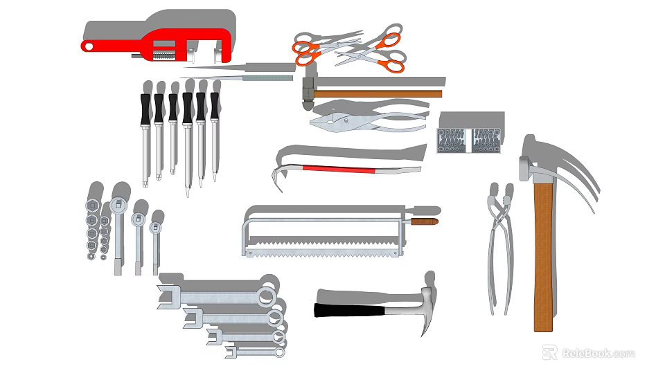 Essential Hardware Tools Collection Featuring Wrenches Pliers Hammers Screwdrivers Saws And Scissors 3d model 