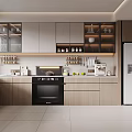Modern Kitchen Interior With Wooden Cabinets Countertop White Refrigerator And Black Oven
