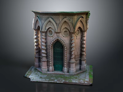 Ancient Gothic Stone Structure With Arched Door Spiral Columns Carvings And Mossy Base 3d model