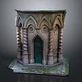 Ancient Gothic Stone Structure With Arched Door Spiral Columns Carvings And Mossy Base