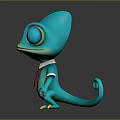 Turquoise Cartoon Chameleon With Big Eyes Wearing White Shirt Red Tie Standing On Black Background