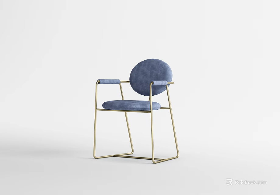 Blue Velvet Accent Chair With Round Backrest And Gold Metal Frame 3d model 