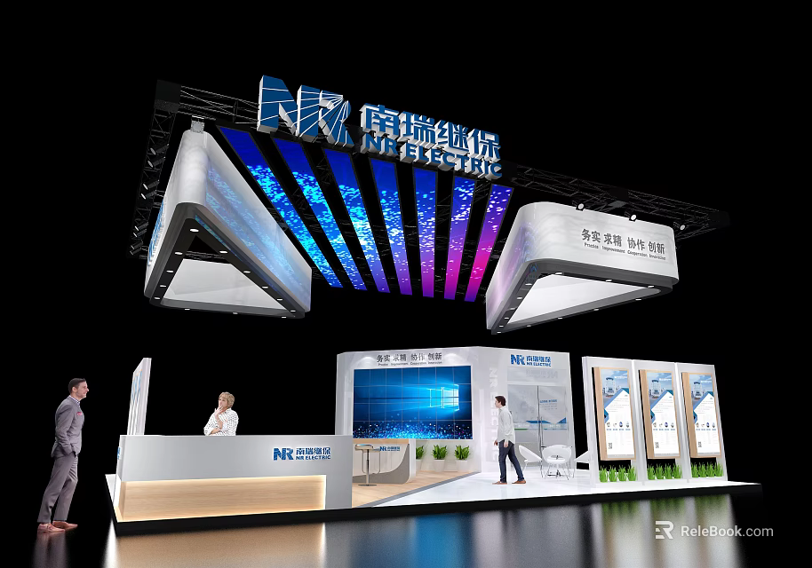 Modern Exhibition Booth Design With Blue Purple Strip Lighting Large Digital Screen And Reception Desk 3d model 