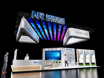 Modern Exhibition Booth Design With Blue Purple Strip Lighting Large Digital Screen And Reception Desk 3d model