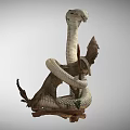 Open Mouth Dinosaur Confronting Giant Snake on Wooden Branch with Green Plant