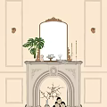 Elegant White Carved Fireplace Interior With Beige Walls Sconces Ornate Mirror Green Plant Candle Holders