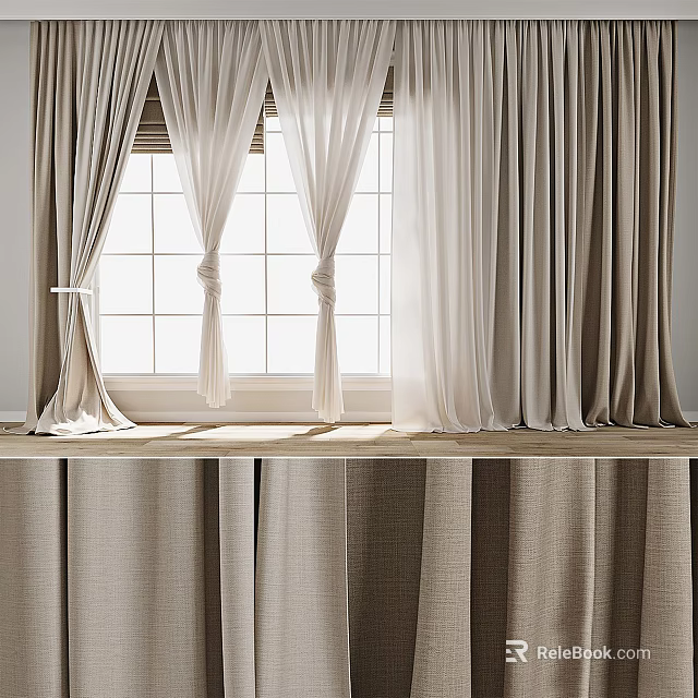 Layered Beige Linen Curtains With Sheer Panels And Tiebacks For Room Decor 3d model 