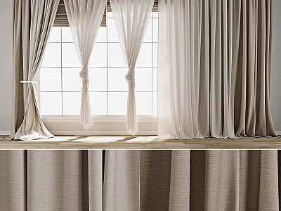 Layered Beige Linen Curtains With Sheer Panels And Tiebacks For Room Decor 3d model