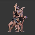 Women Dancing in Dynamic Poses Wearing Activewear on Dark Reflective Background