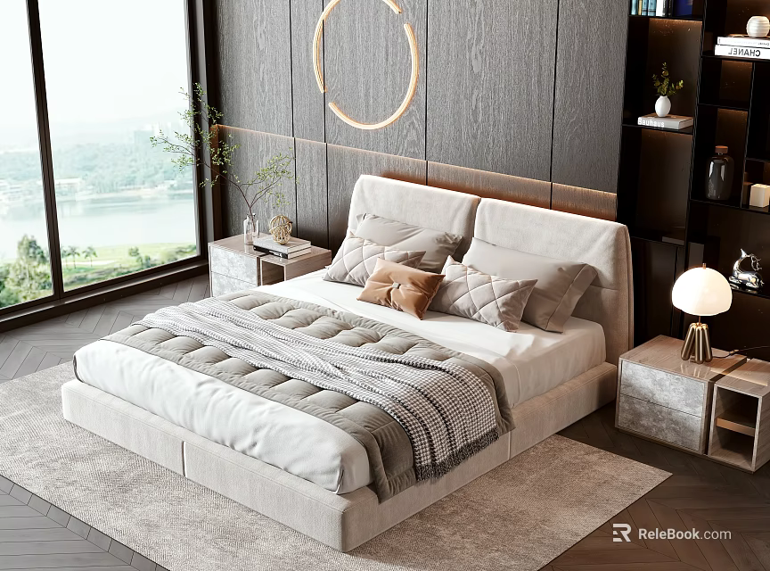 Modern Double Bed In Beige Upholstery With Gray Blanket Nightstand Lamp And Wooden Wall 3d model 
